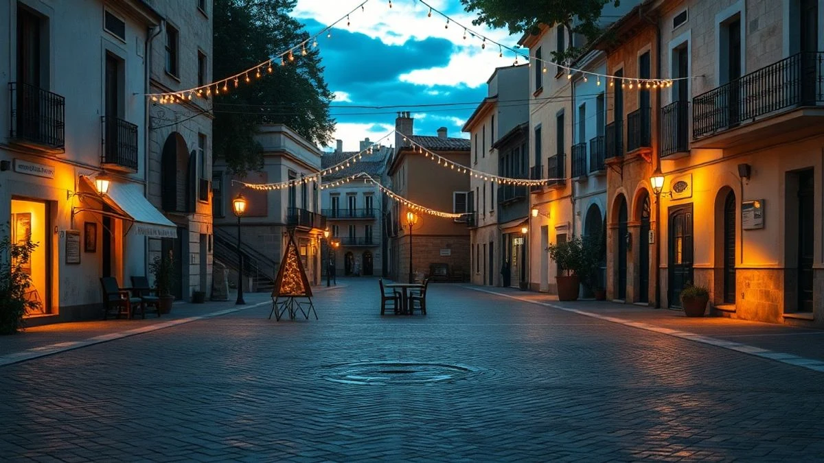 Imagen ilustrativa: plaza de un pueblo engalanada con luces y banderines al atardecer, con sombras largas y ambiente festivo.
