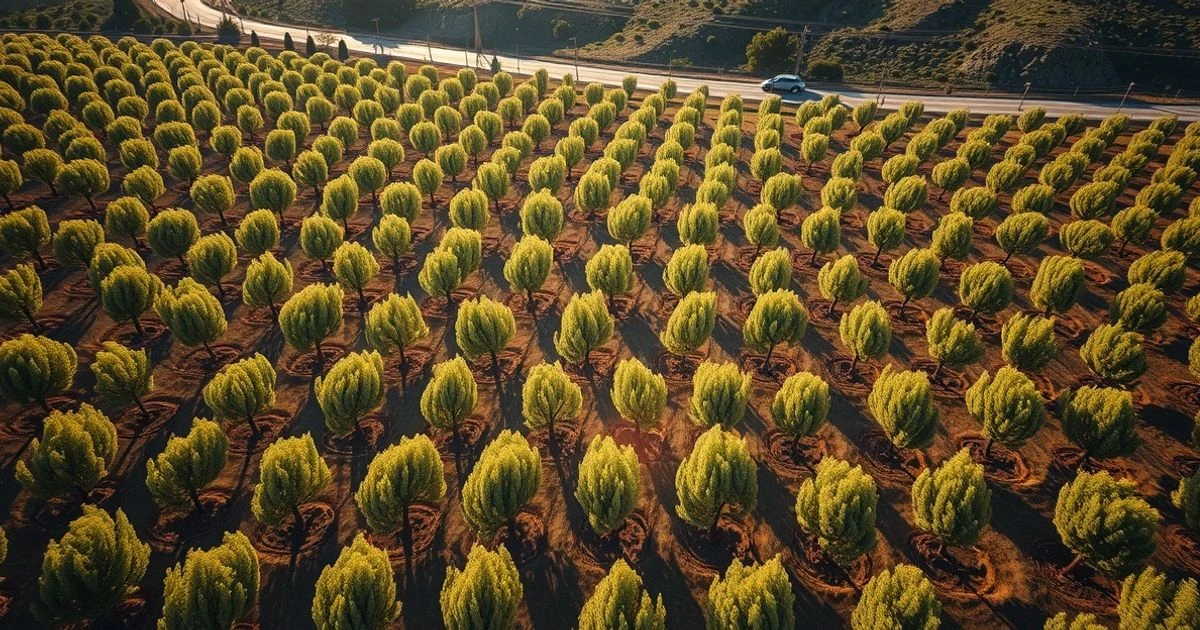 Vista aérea de un cementerio con un bosque de árboles jóvenes recién plantados