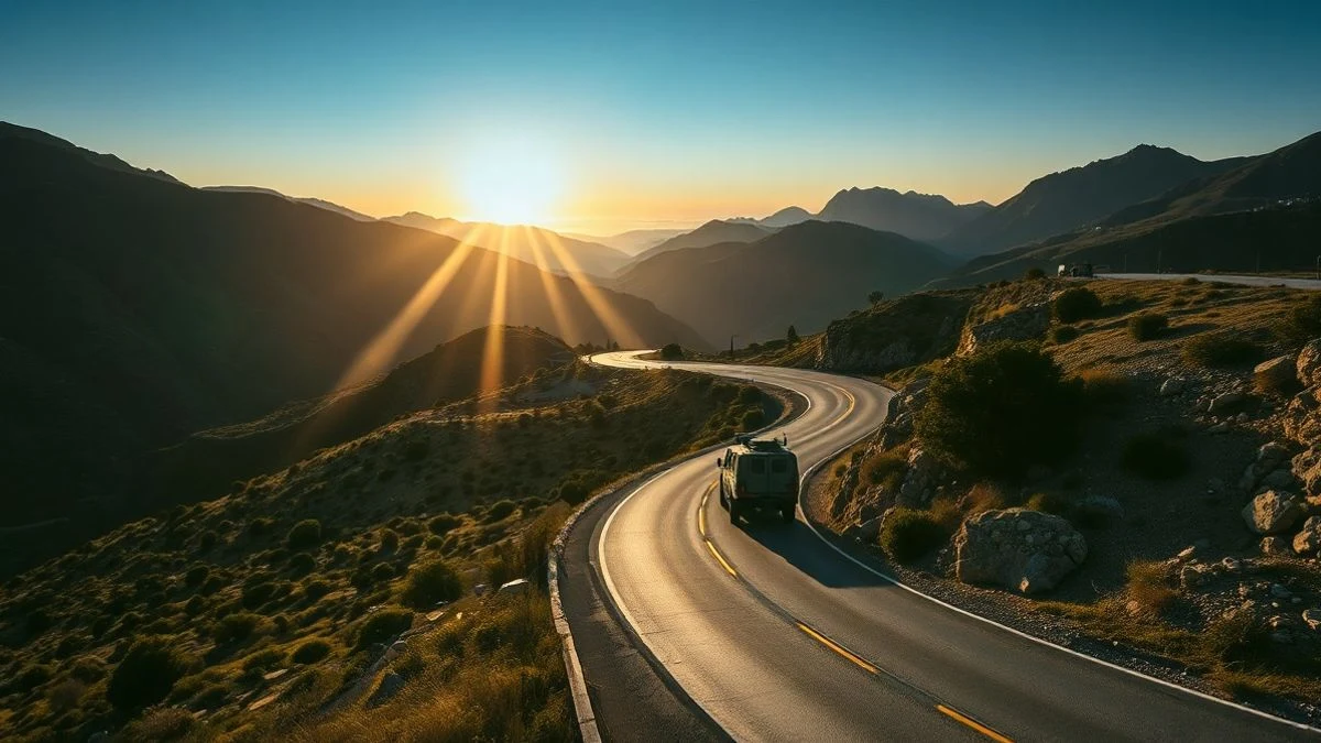 Imagen ilustrativa: carretera de montaña en Mallorca al atardecer, con un vehículo militar en la lejanía