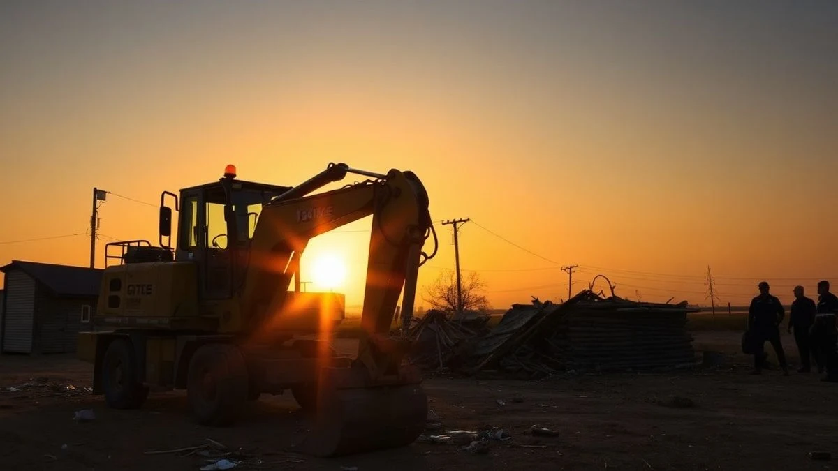 Excavadora derribando una caseta de chapa al atardecer con agentes de policía al fondo