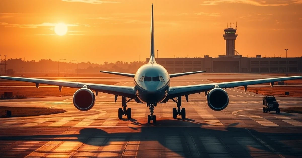 Avión taxiando en pista del aeropuerto de Palma al atardecer con torre de control al fondo