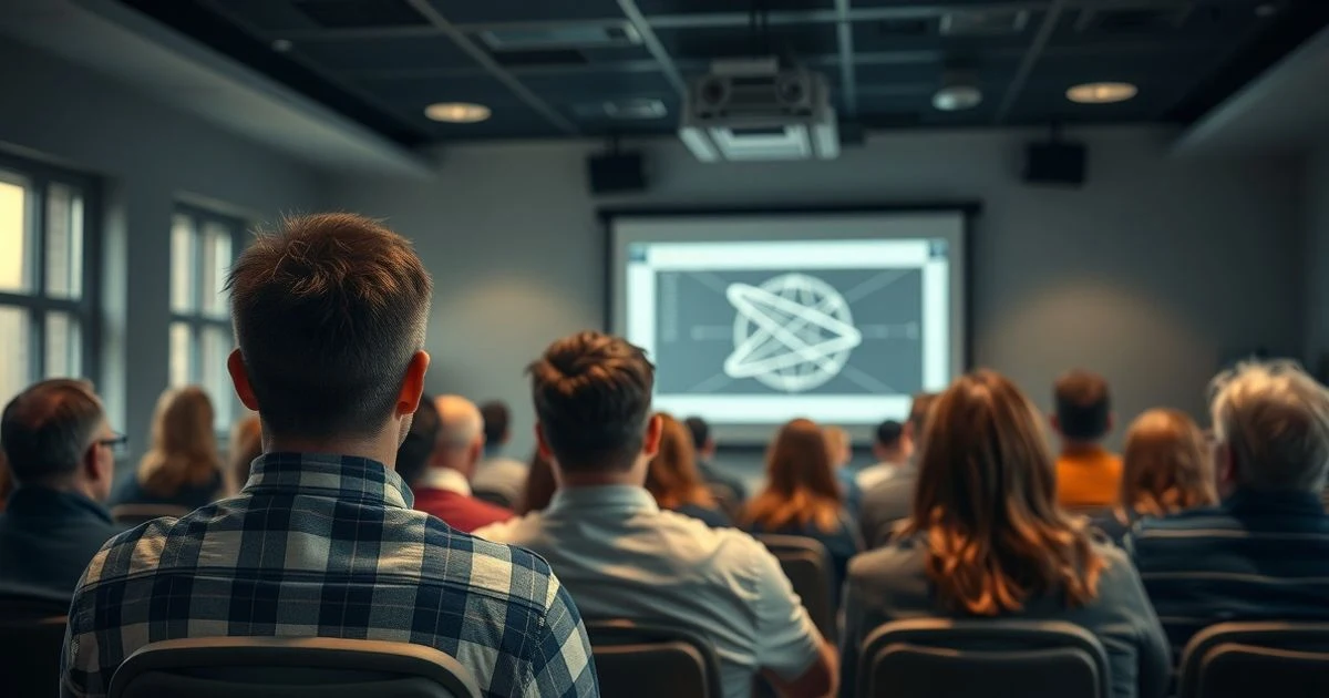 Grupo de personas mayores de espaldas en una sala de conferencias con proyector sobre eclipse solar