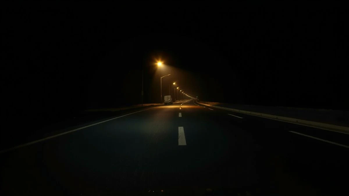 Carretera oscura por la noche con una farola y montañas al fondo