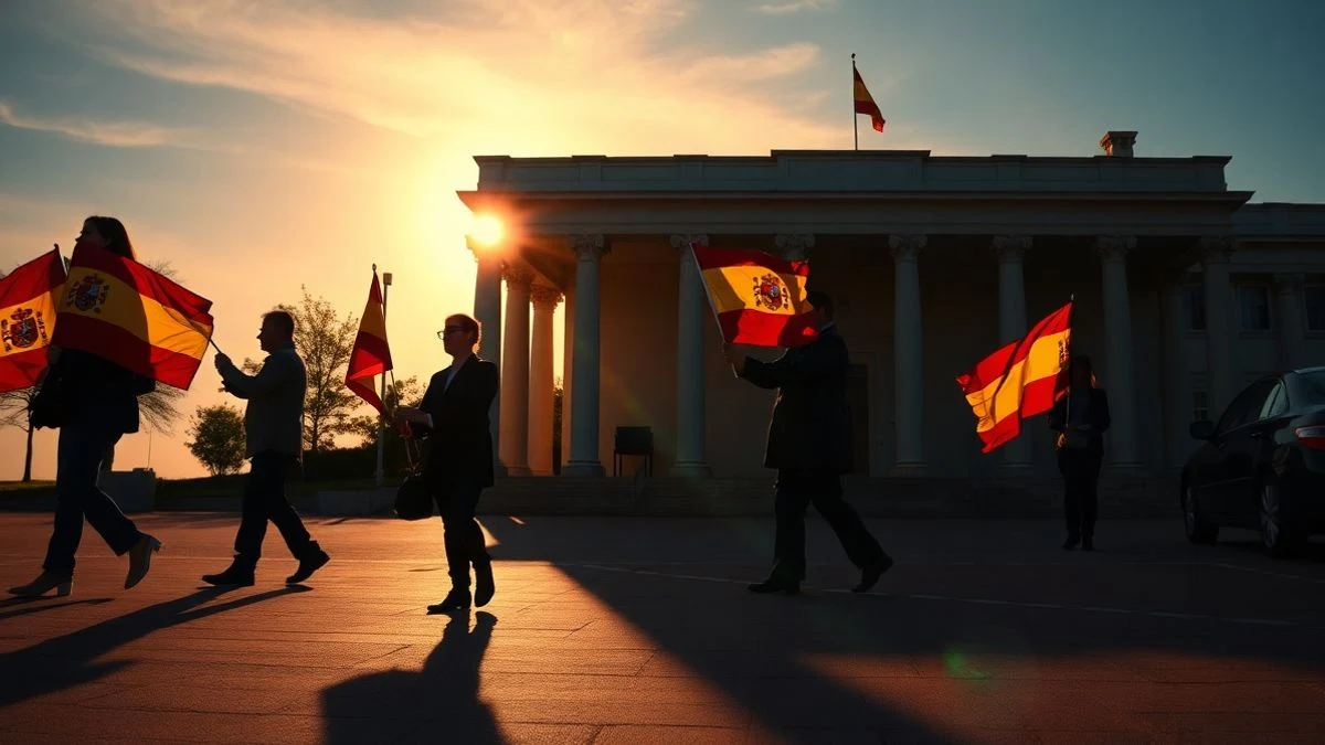 Imagen ilustrativa: silueta de una multitud con banderas de España ante un edificio oficial al atardecer