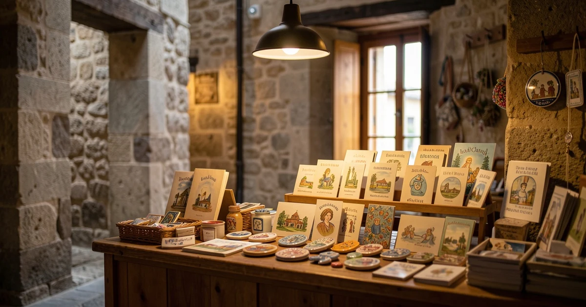 Interior of a souvenir shop with a wooden counter and handmade products in Vitoria-Gasteiz.