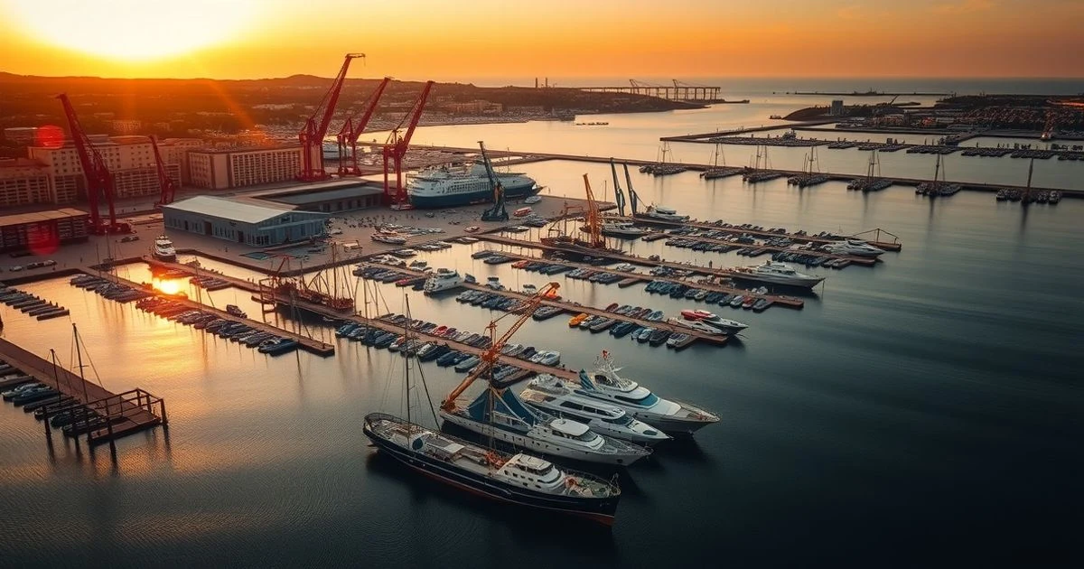 Vista aérea del puerto de Palma al atardecer, con grúas y muelles vacíos