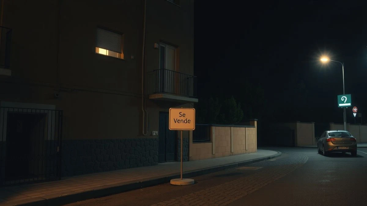 Cartel de Se Vende frente a un edificio de apartamentos iluminado tenuemente por una farola en una calle nocturna de Palma.