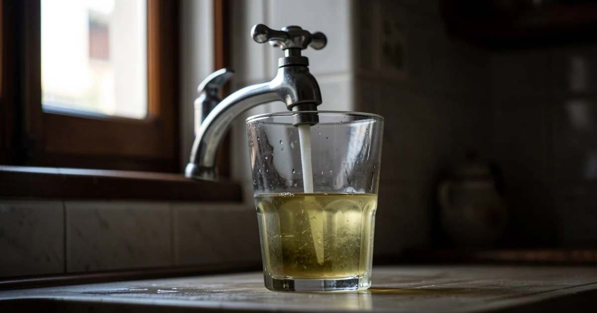 Primer plano de un grifo de cocina con un vaso de agua turbia, fondo desenfocado de cocina