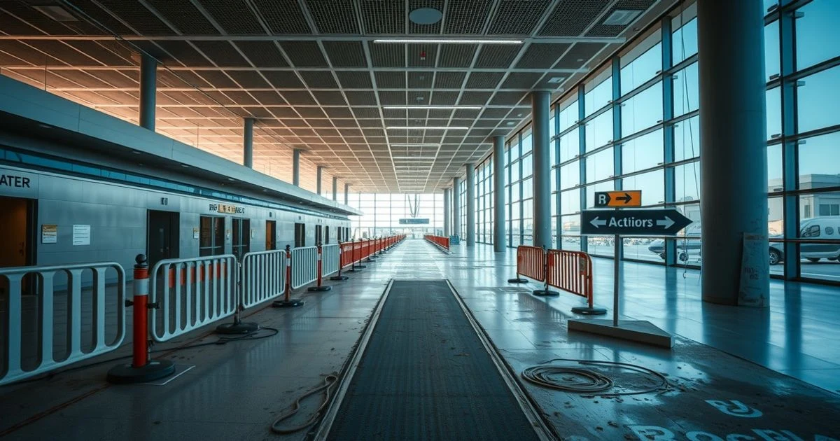 Pasillos vacíos del aeropuerto de Palma con obras y carteles de desvío