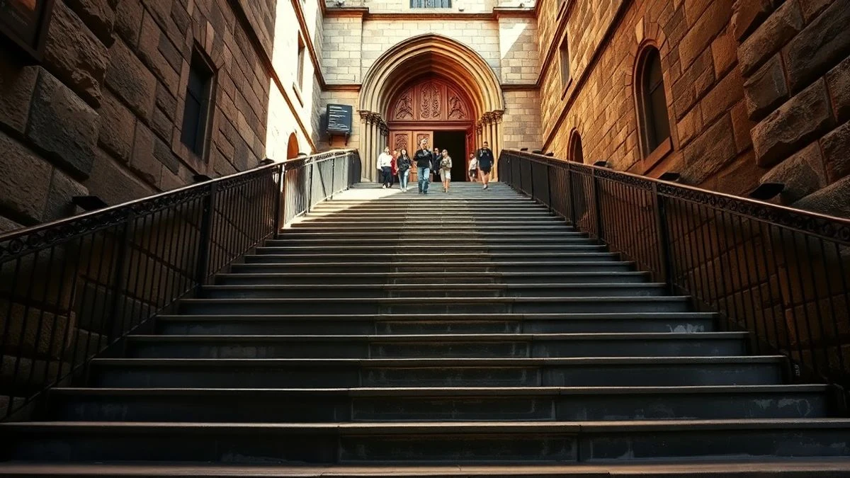 Escaleras de acceso a la Seu de Palma con turistas subiendo, luz de atardecer y sombras largas