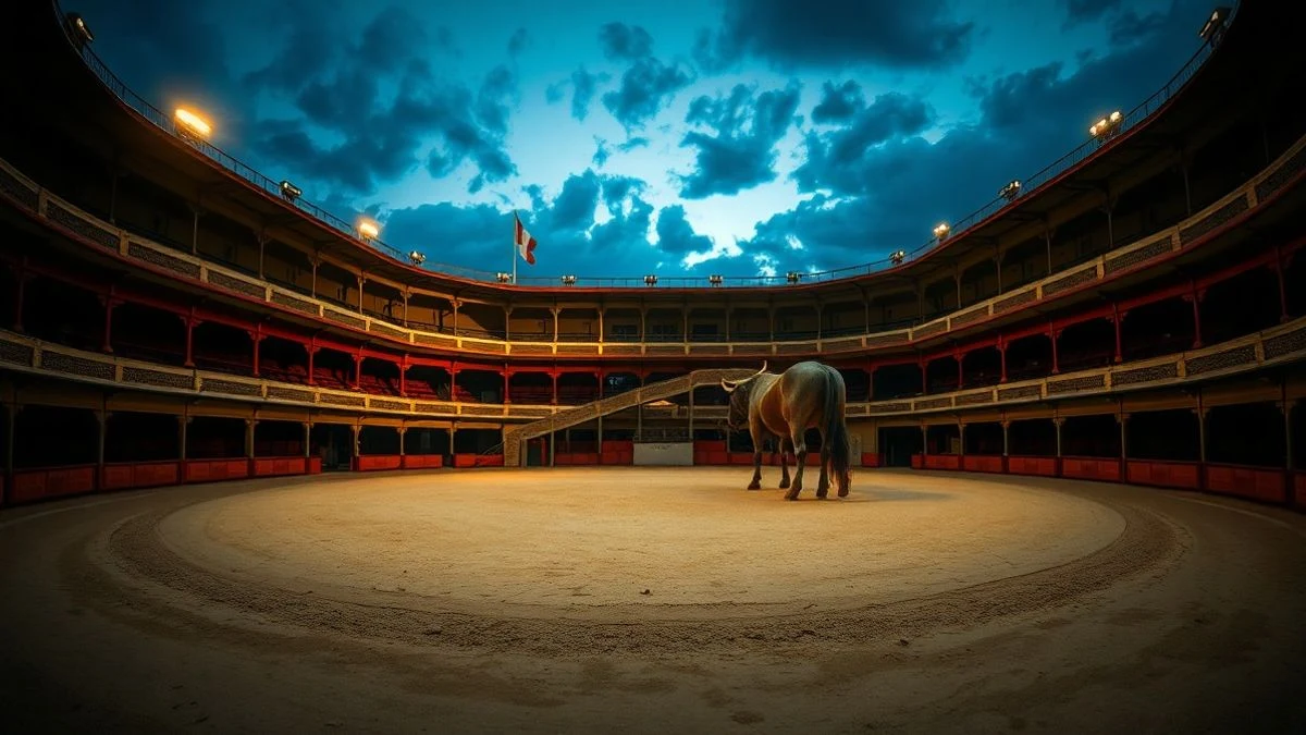 Imagen ilustrativa: ruedo de una plaza de toros vacía al atardecer, con la arena en primer plano y las gradas al fondo.