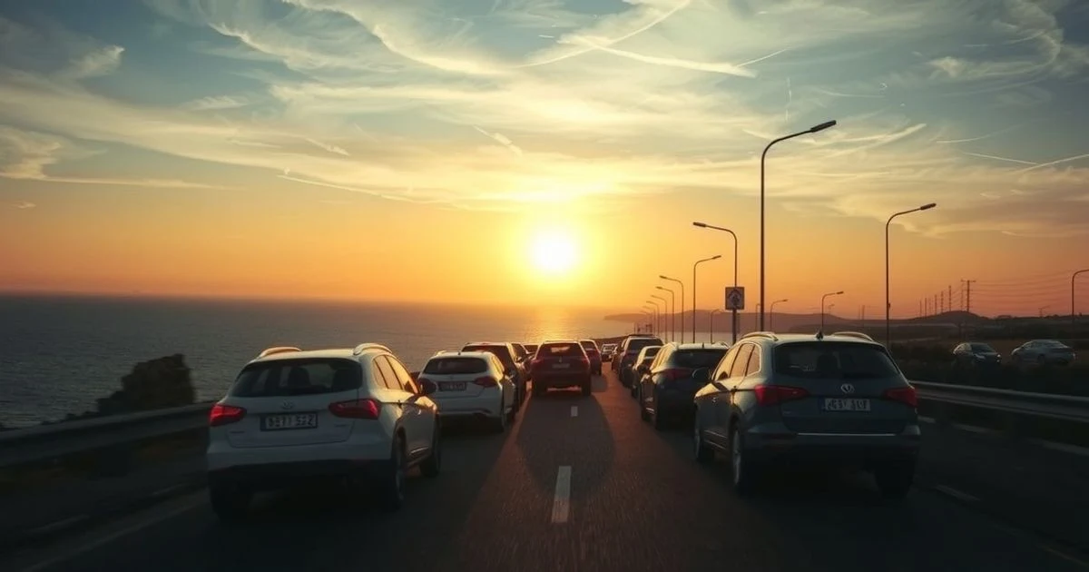 Carretera costera de Mallorca al atardecer con coches parados y el sol eclipsado sobre el mar