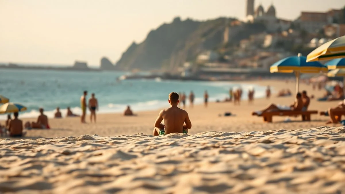 Imagen ilustrativa: una playa abarrotada de sombrillas en verano, con una figura solitaria sentada en la arena de espaldas al mar, al atardecer.