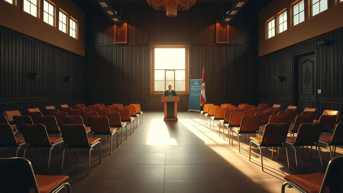 Imagen ilustrativa: sala de plenos vacía de un ayuntamiento con luz natural dramática