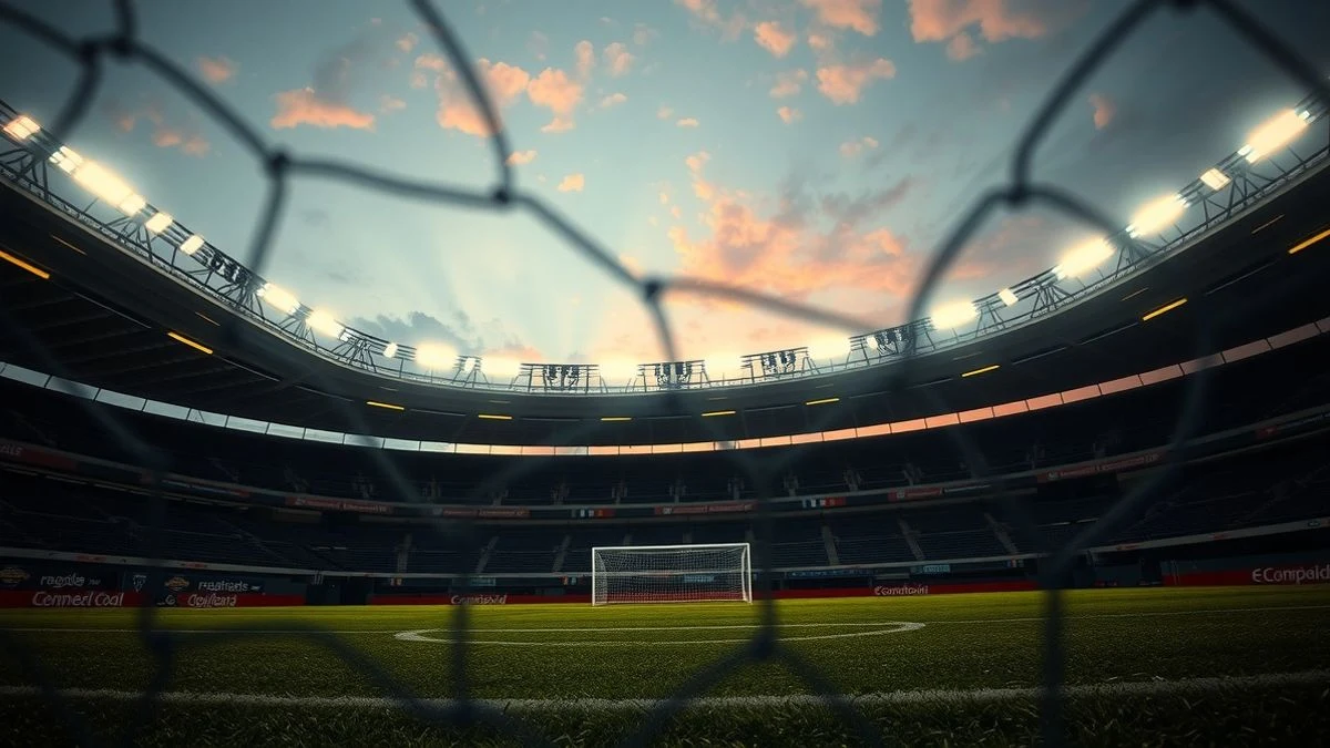 Imagen ilustrativa: una portería de fútbol vacía iluminada por focos al atardecer