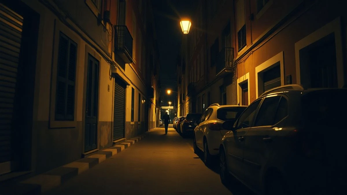 Imagen ilustrativa: calle estrecha de barrio español de noche, con una figura solitaria al fondo bajo una farola.