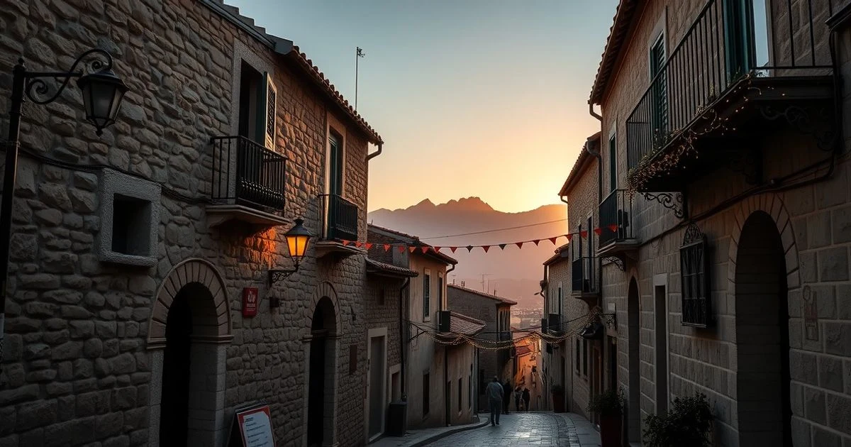 Calle empedrada de Valldemossa decorada con banderines festivos y montañas al atardecer