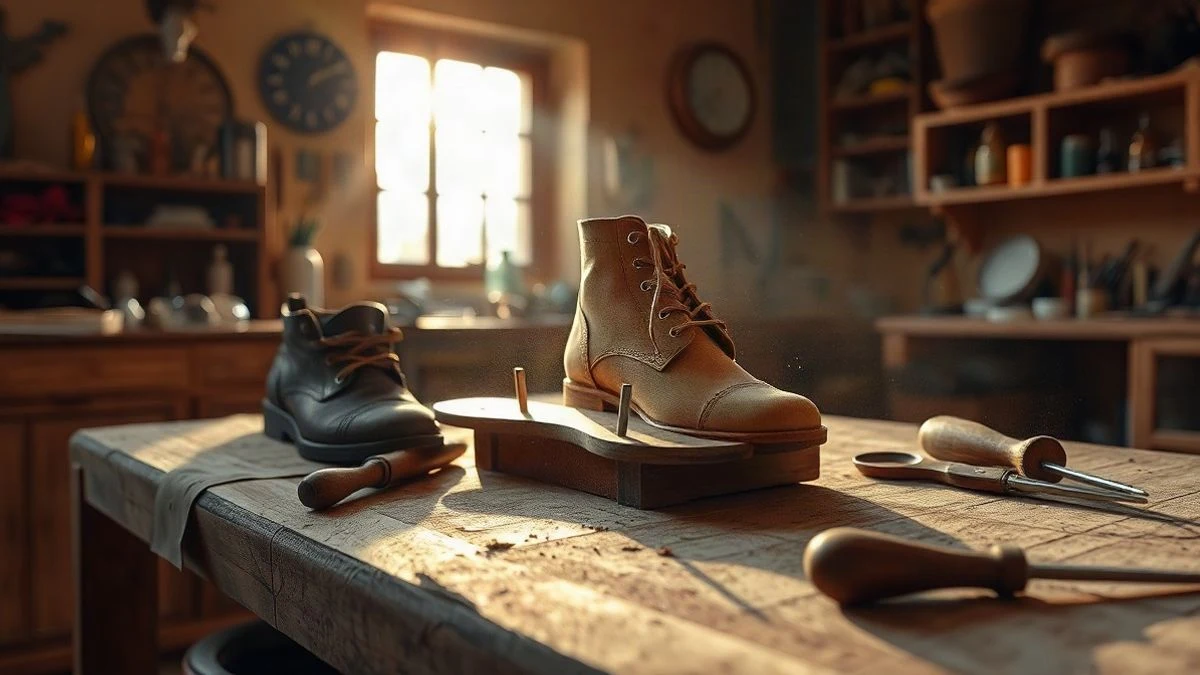 Imagen ilustrativa: banco de trabajo de zapatero artesano con herramientas de cuero y luz cálida de ventana