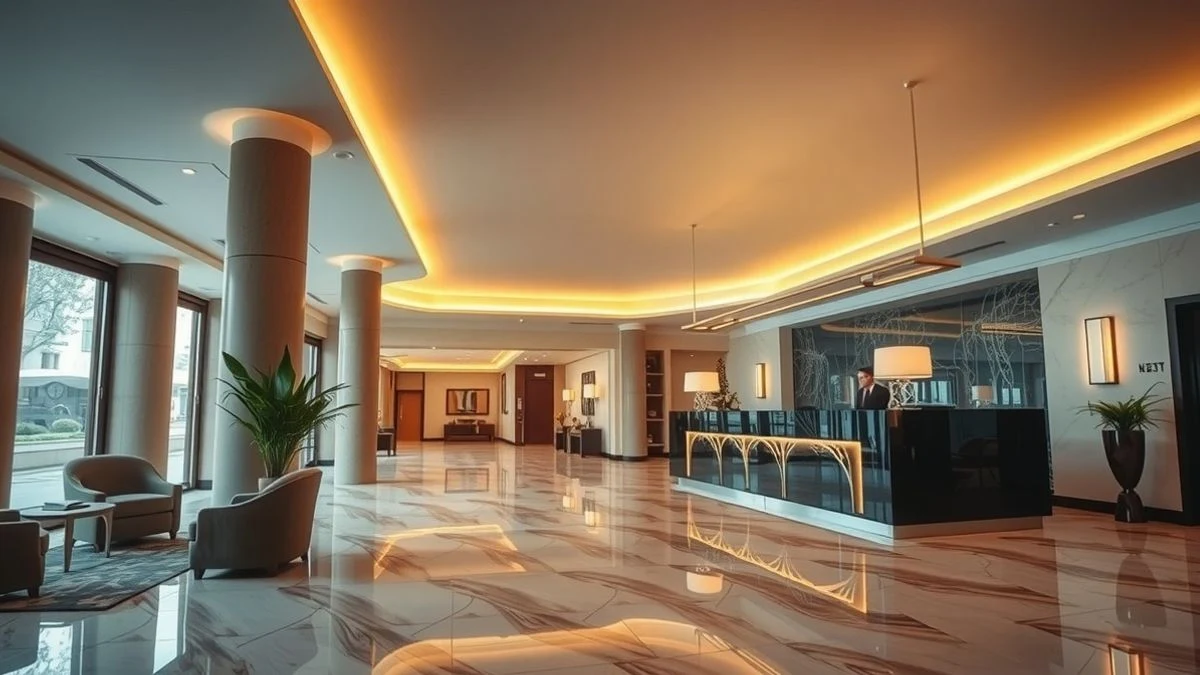 Lujoso lobby de hotel con recepción y vistas al mar, sin personas