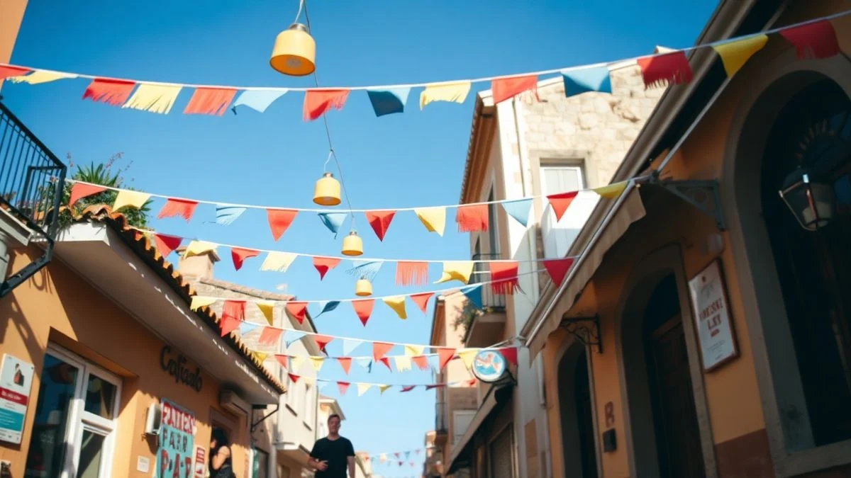 Imagen ilustrativa: calle engalanada con banderines y luces en un pueblo costero al atardecer.