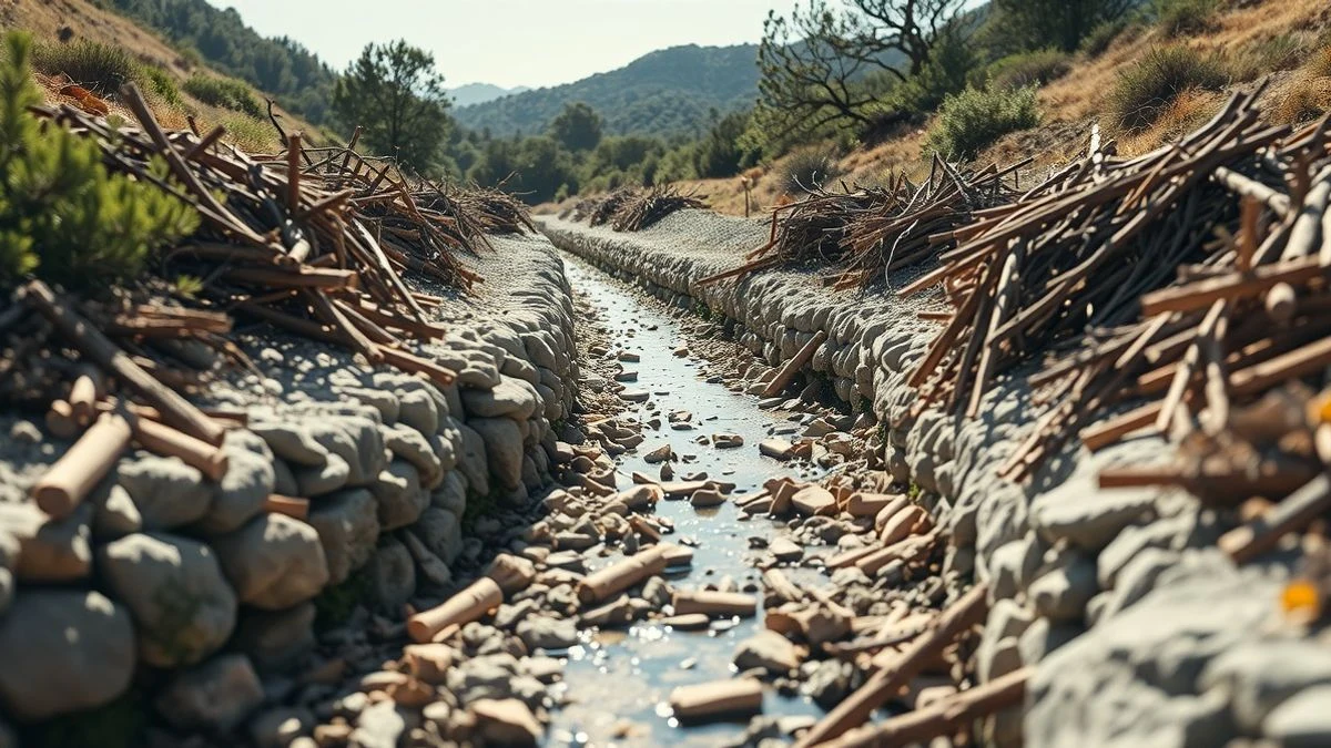 Vista de un torrente seco de piedra en Mallorca con vegetación recién desbrozada a los lados