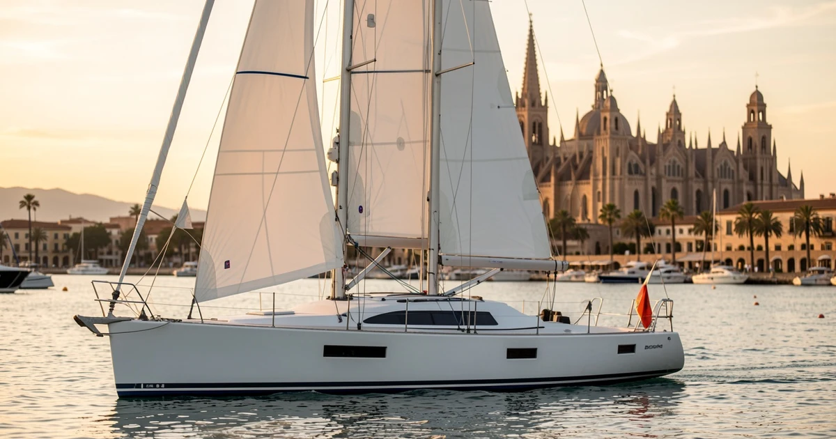 Velero de competición blanco atracado en la bahía de Palma al atardecer, con la Catedral al fondo