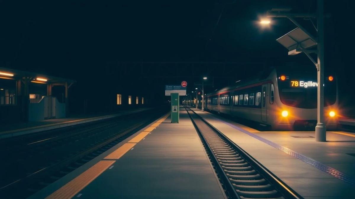 Estación de tren nocturna con un tren moderno en la vía y andén vacío iluminado
