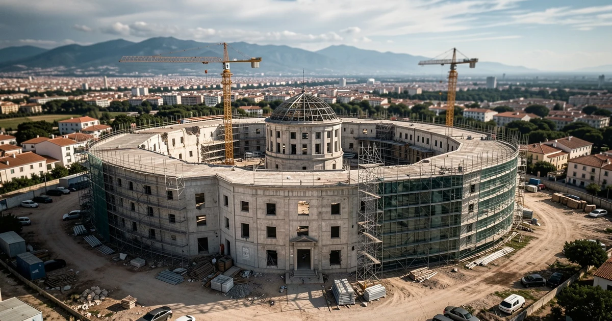 Vista aérea de la antigua prisión de Palma en obras de reconversión a viviendas, con grúas y andamios