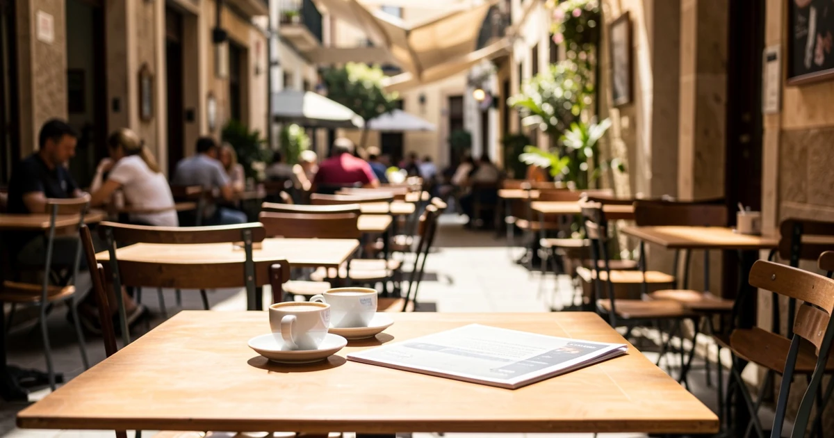 Terraza de café en Playa de Palma con mesas vacías y una taza de café