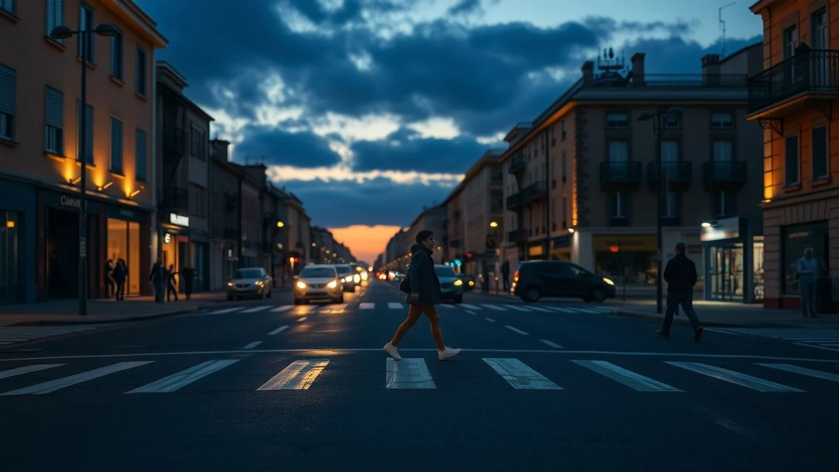 Paso de peatones vacío al atardecer con un coche con el parabrisas roto