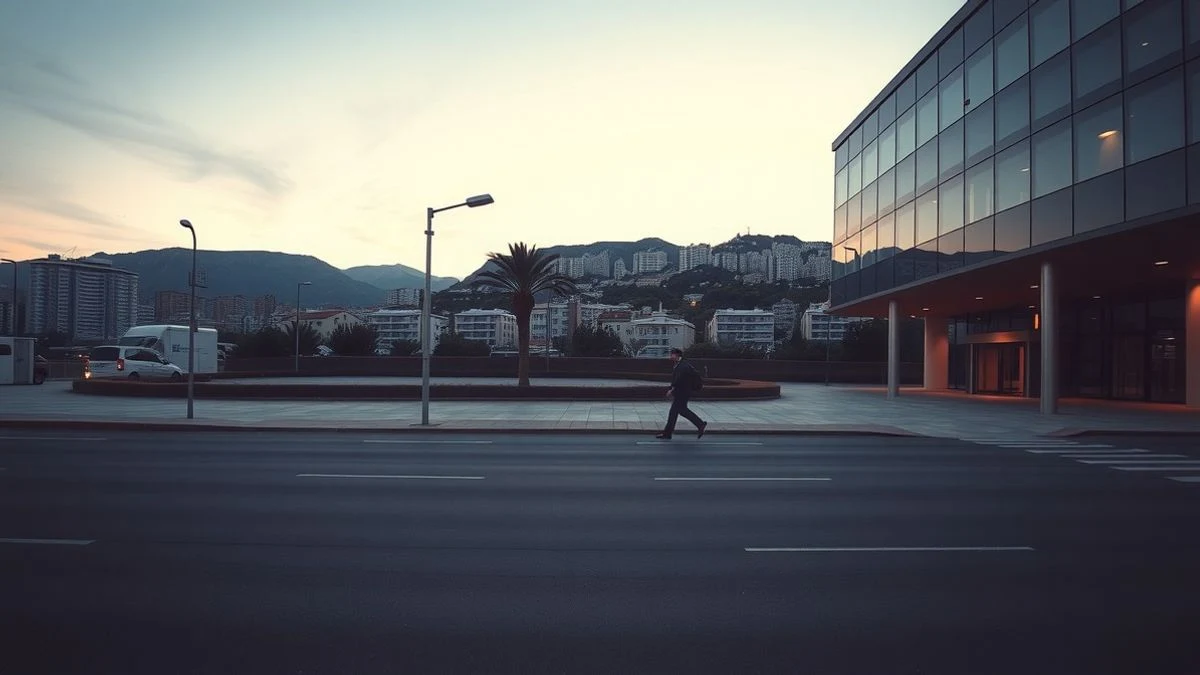 Imagen ilustrativa: un edificio de oficinas moderno al atardecer en Palma, con un viandante de espaldas en la calle vacía.