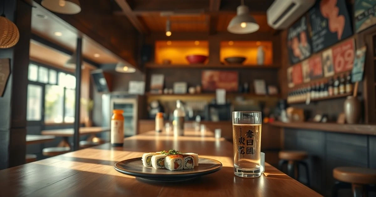 Interior acogedor de restaurante con cocina vista, barra de madera y plato de nigiri con sake