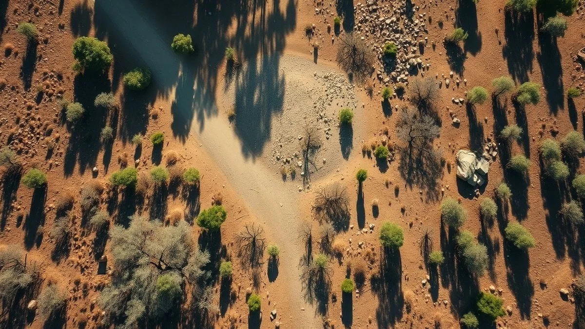 Imagen ilustrativa: vista cenital de un bosque mediterráneo seco con un cortafuegos en el centro, bajo una luz solar intensa.
