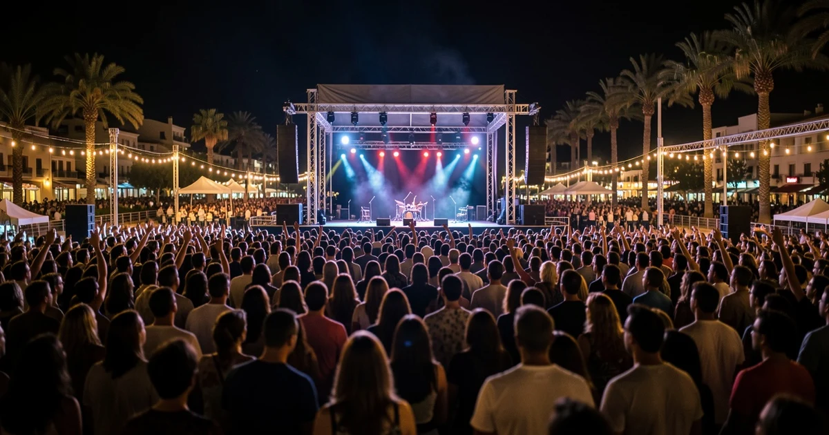 Concierto multitudinario al aire libre en Son Fusteret, Palma, con escenario vacío y público en penumbra