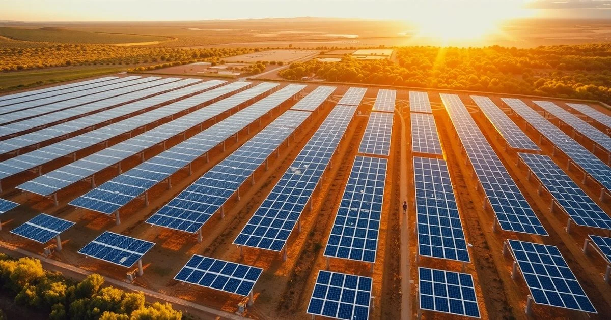 Vista aérea de un parque solar con paneles fotovoltaicos en un paisaje rural de Mallorca al atardecer