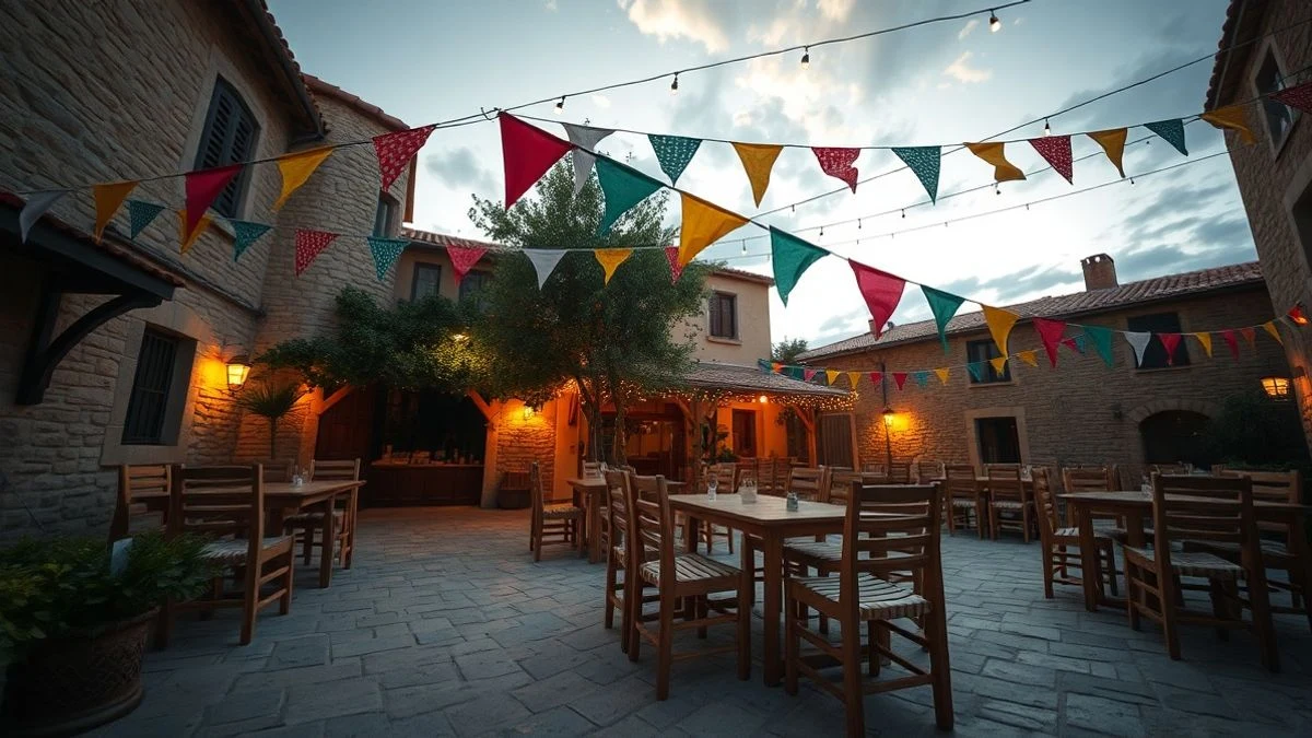 Imagen ilustrativa: plaza de un pueblo mallorquín engalanada con banderines y luces festivas al atardecer, con sillas y mesas vacías preparadas para la celebración.