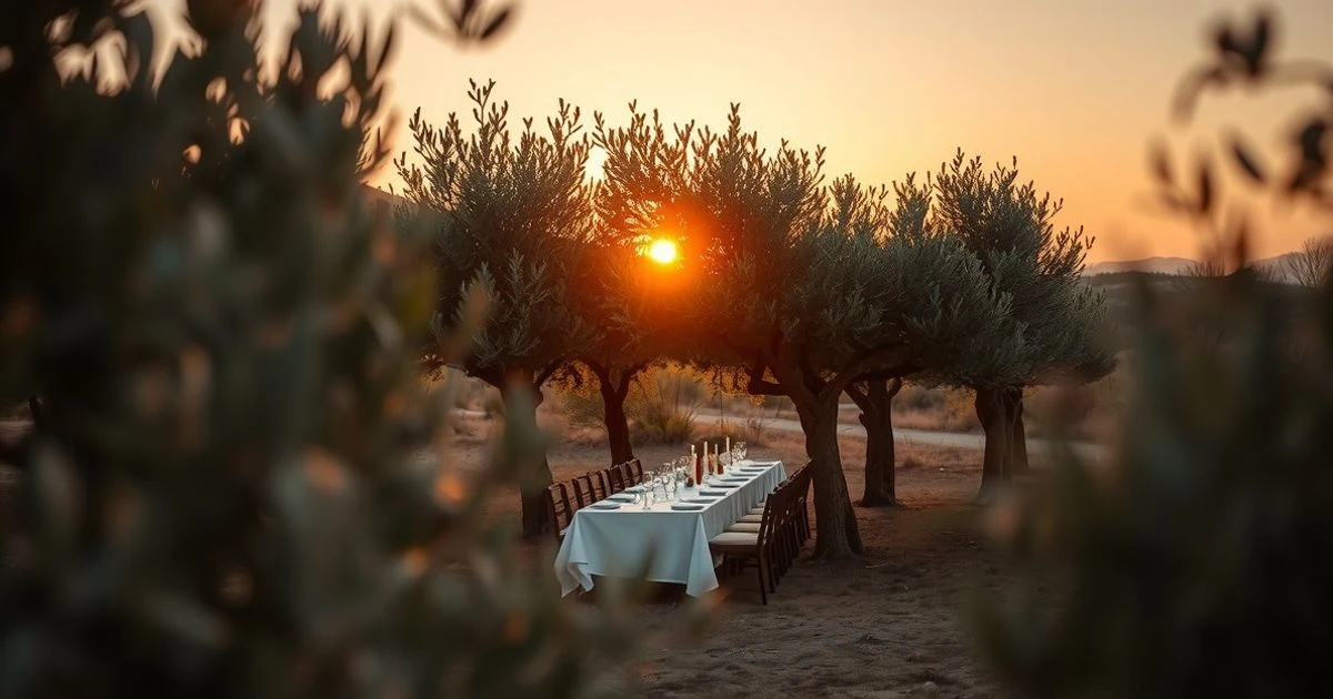 Table with a bottle of olive oil and an easel with a painting in an olive grove at sunset in Mallorca