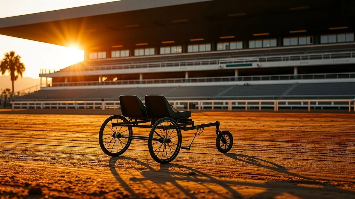 Sulky de tándem vacío en la pista del hipódromo al atardecer, con sombras largas y gradas al fondo