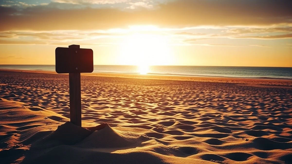 Imagen ilustrativa: una playa al atardecer con un cartel de madera en primer plano y una silueta caminando a lo lejos