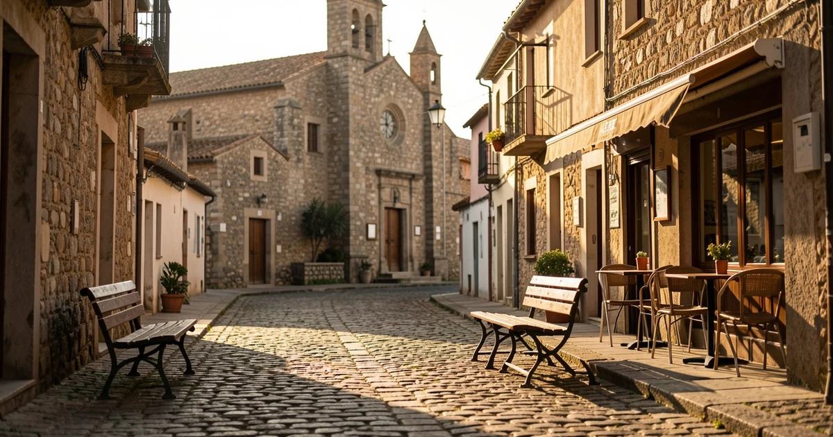 Calle empedrada de Santanyí con una iglesia al fondo y mesas de café vacías