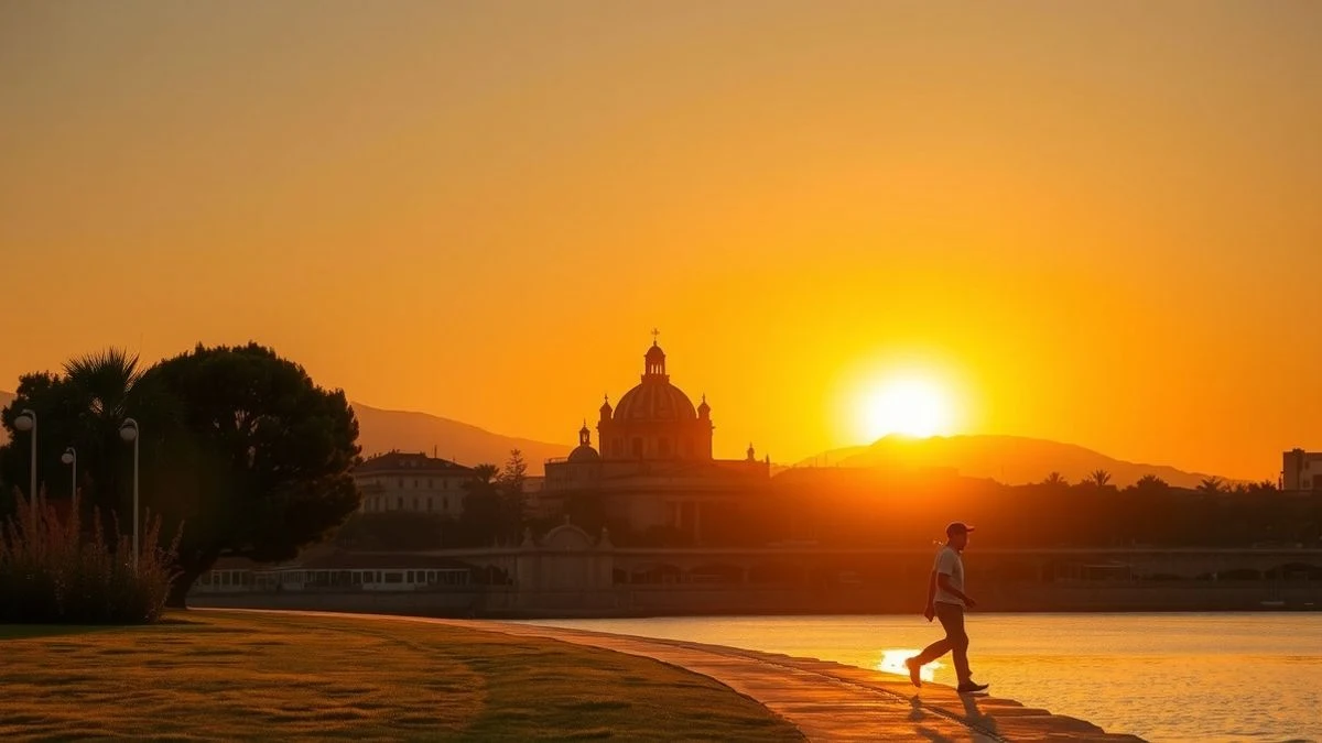 Atardecer sobre la Catedral de Mallorca con el Parc de la Mar y una figura pequeña paseando