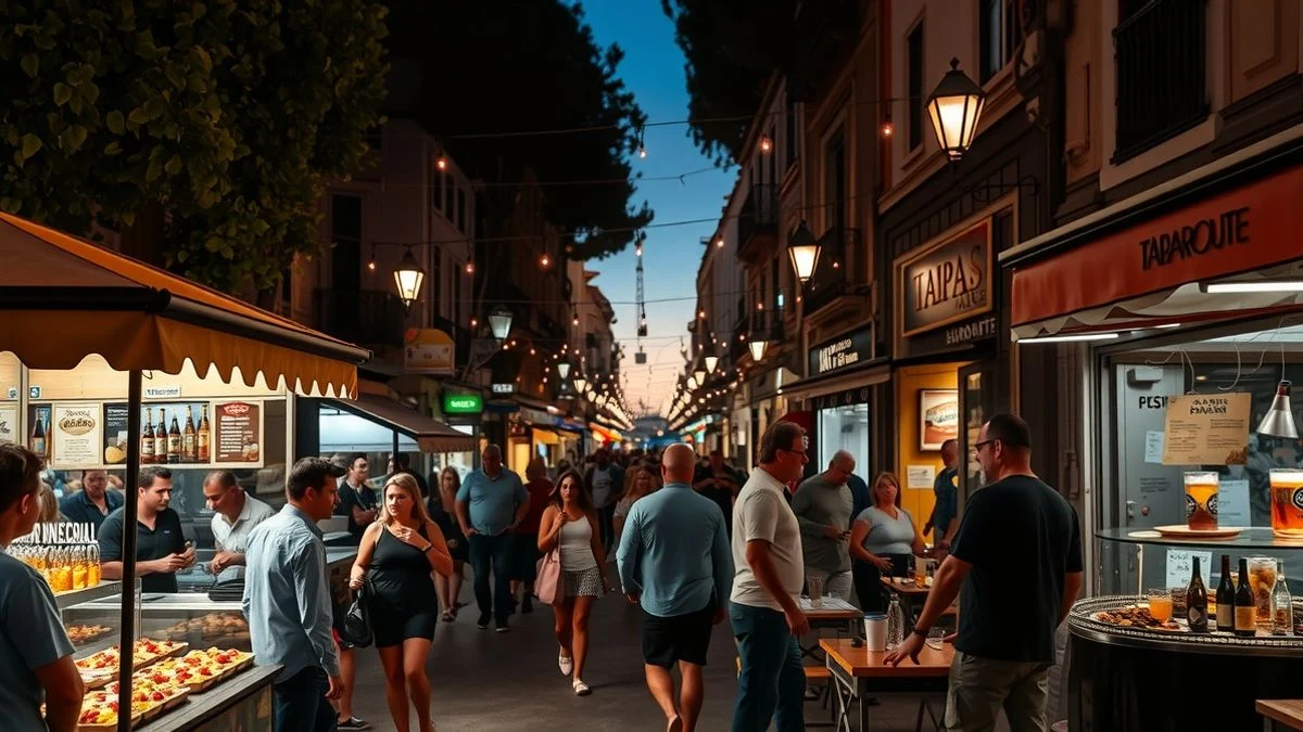 Imagen ilustrativa: calle de un pueblo con luces y ambiente de ruta de tapas al atardecer, sin personas reconocibles.