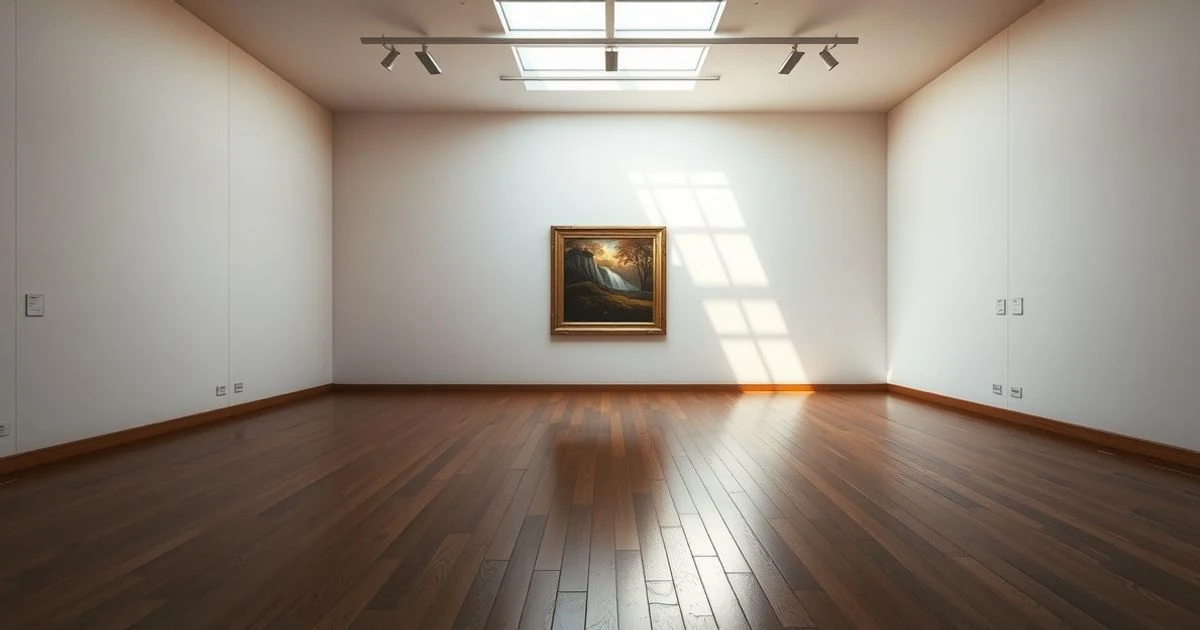 Sala vacía de una galería de arte con un cuadro en la pared y luz natural entrando por una ventana