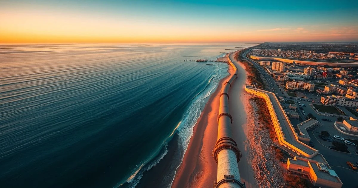 Vista aérea de la costa de Palma con un emisario submarino que se adentra en el mar al atardecer