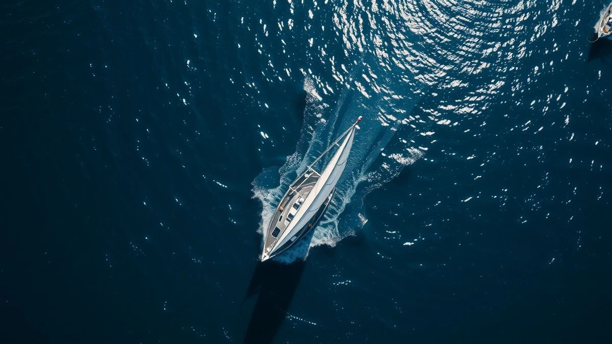 Imagen ilustrativa: vista cenital de un velero de regata navegando a toda vela en aguas azules
