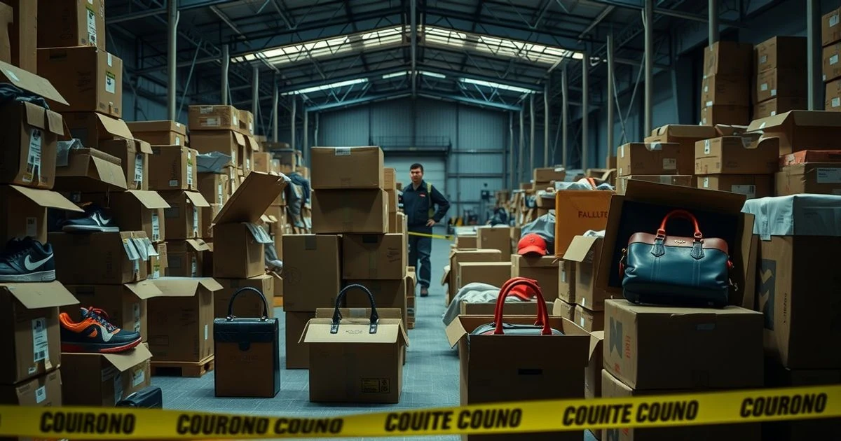 Almacén en polígono industrial con cajas de productos falsificados y presencia policial desenfocada al fondo