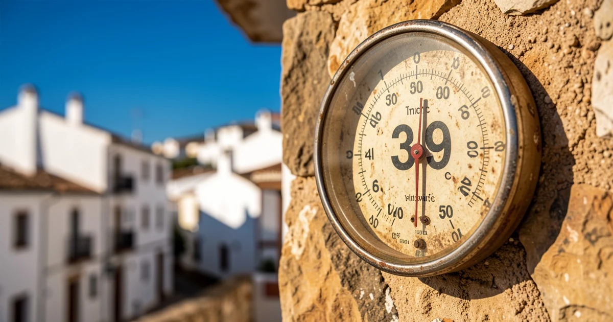 Termómetro al aire libre marcando 39 grados en una pared de piedra con cielo azul de fondo