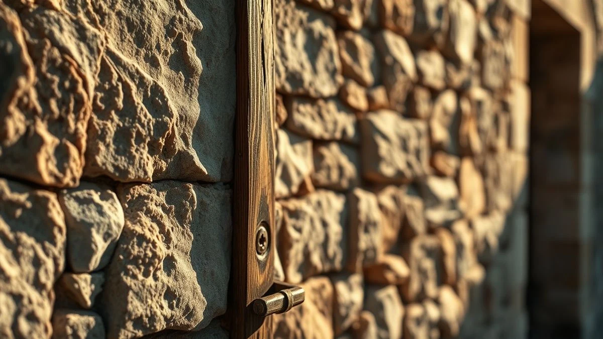 Imagen ilustrativa: detalle de la textura de una muralla de piedra antigua con una puerta de madera y sombras de luz cálida