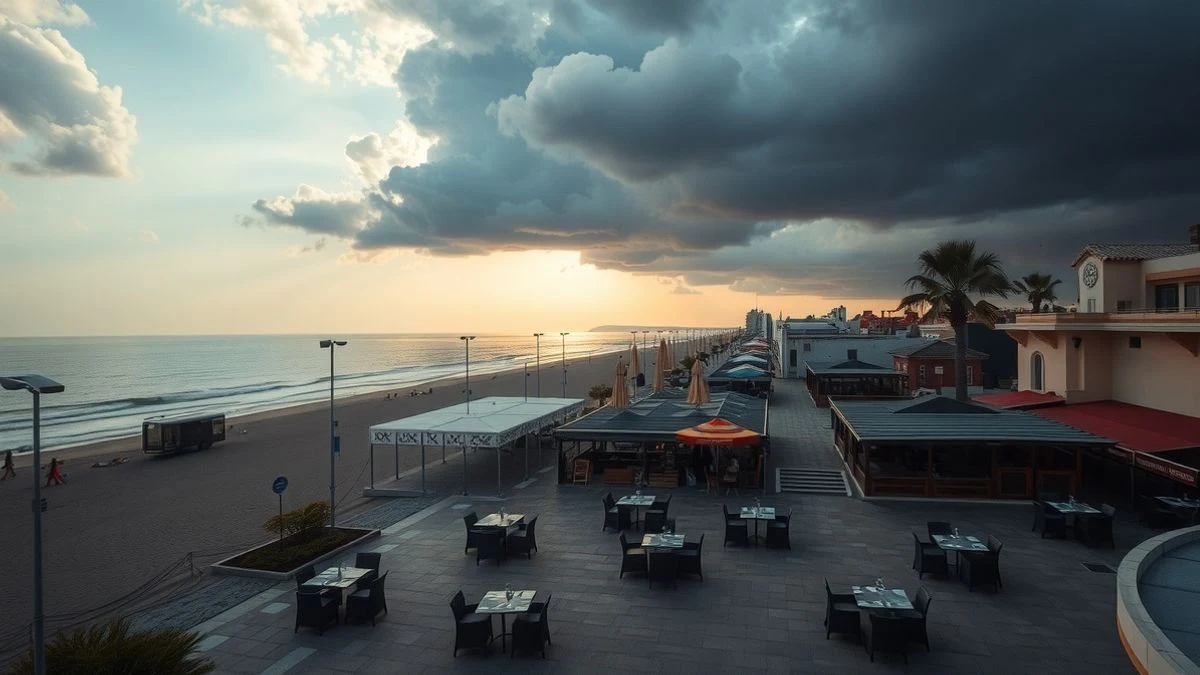 Imagen ilustrativa: vista aérea de un paseo marítimo con restaurantes vacíos bajo un cielo oscurecido por un eclipse solar parcial