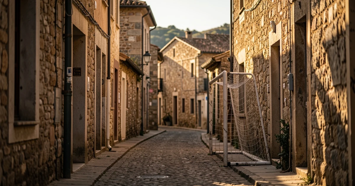 Cobblestone street in Felanitx with a football goal in the background, illuminated by the afternoon sun